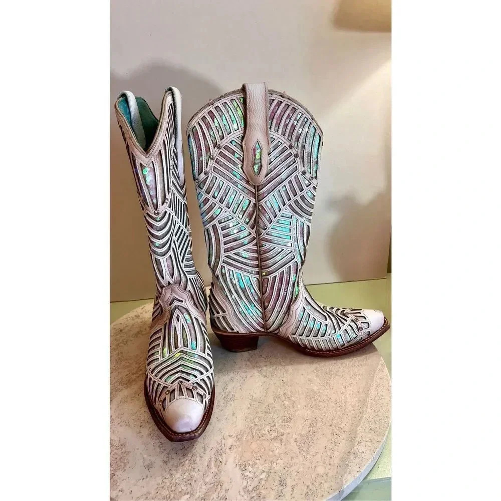 Coral Womens Ivory Pink Sequins Rhinestone Leather Cowgirl Western Boots Size 7M